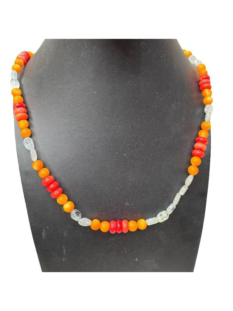Vintage Mexican Fire Opal Beaded Necklace Red Orange Beads Sterling Clasp 29"